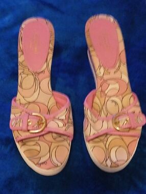 Coach Pink Signature Pattern Slide Mules with Gold Buckle